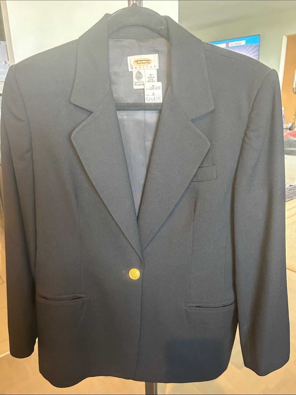 Talbots Black Single-Button Women's Blazer with Gold Button.100% pure new wool.